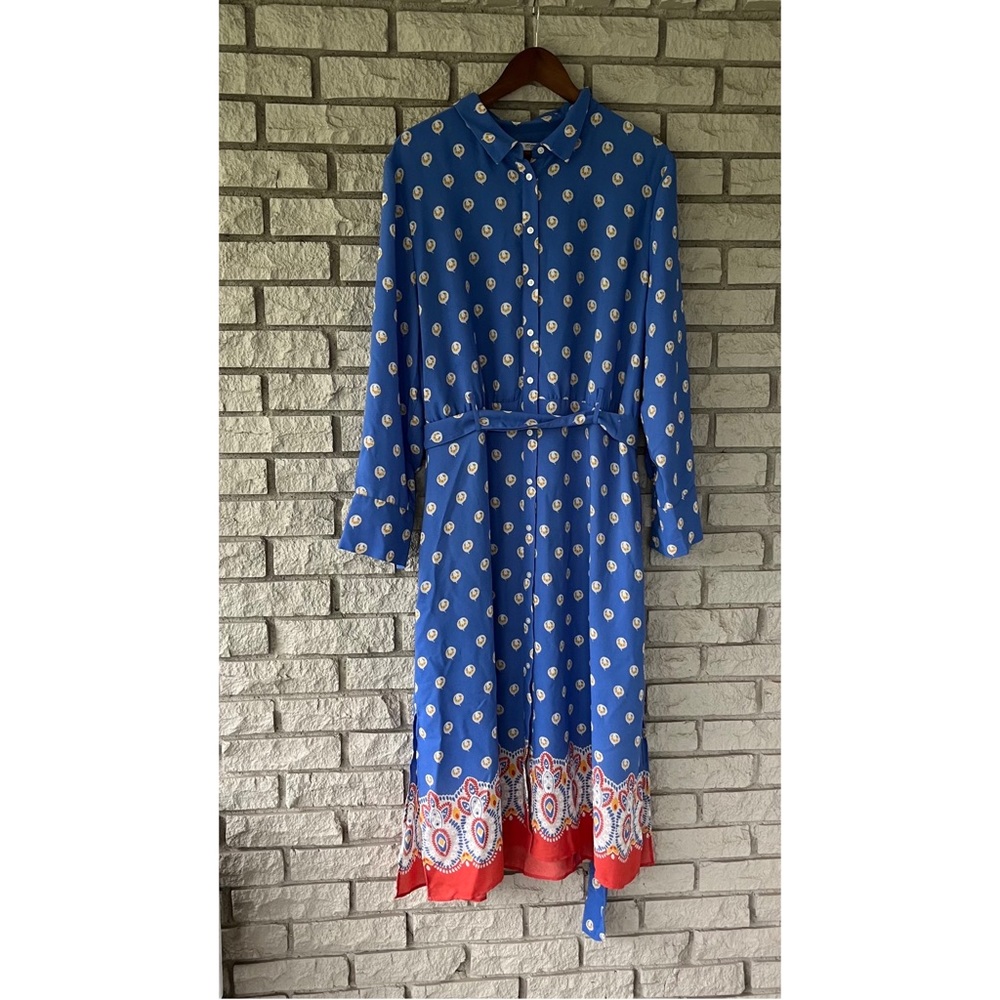 Women’s Untuckit Periwinkle Blue Block Print Belted MIDI Susan Dress Size 18